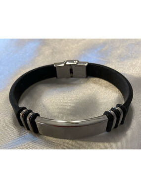 Black Silicone and Stainless Steel Wristband Bracelet 8 1/4" Unisex